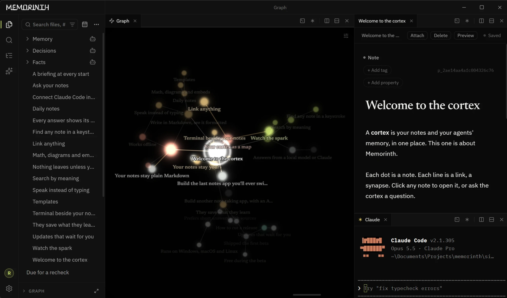 Memorinth with this site's cortex open: the graph glowing around Welcome to the cortex, that note open beside it, and Claude Code in a terminal below